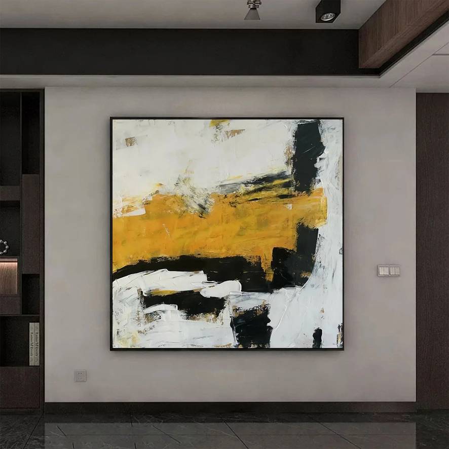 Painting Minimal Black Yellow Abstract Canvas Artwork 9IZM3 wall art
